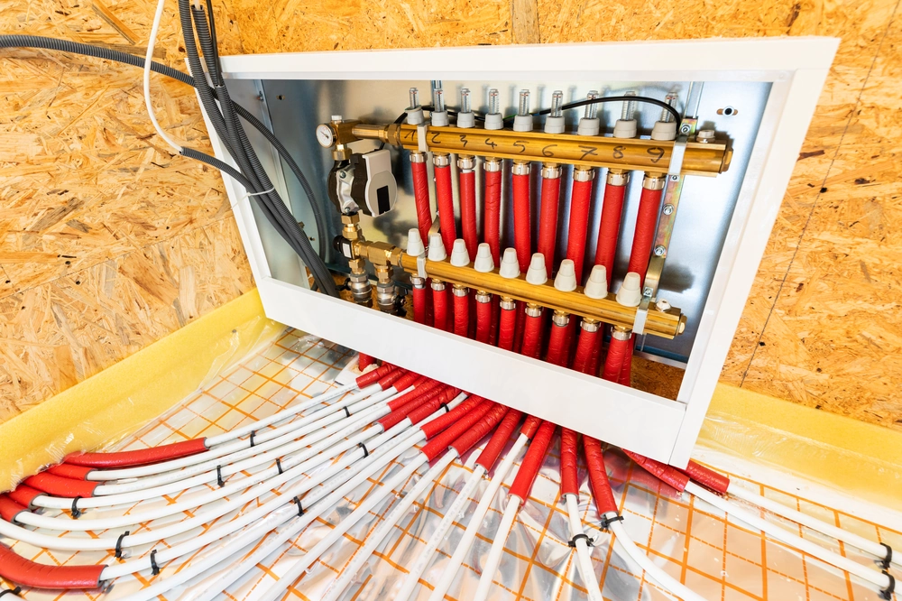 Rozdzielacz centralnego ogrzewania podłogowego z miedzianymi kolektorami i izolowanymi rurami